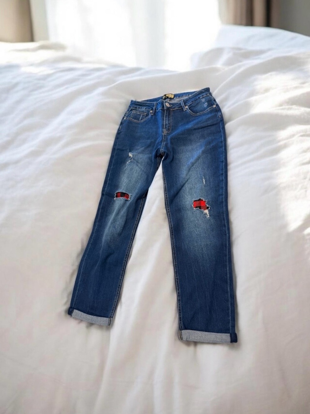 Suzanne Betro Blue Distressed Women's Denim with Red/Black Flannel Patch Detail